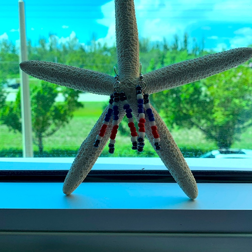 Red, white and blue dangling earrings